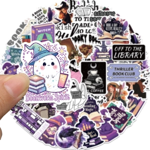 Close-up of a Bookworm Spirit ghost sticker from a purple Gothic witch sticker set