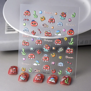 Adesivi Unghie 5D Rilievo Cartone Animato Polpo Animale Oceano Impermeabile Carino Kawaii Decorazione Manicure Per Donne