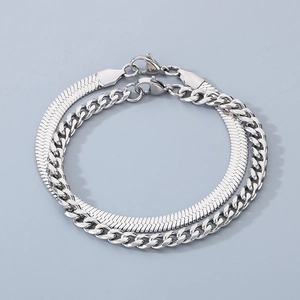 Detail view of double-layer silver titanium steel snake and Cuban chain bracelet set
