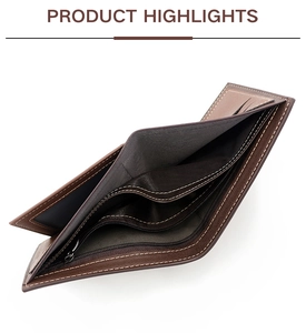 Interior view of men's brown bi-fold wallet showing card slots and zipper pocket