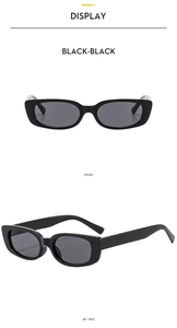 Front and side view of retro square sunglasses in glossy black with compact rectangular frame