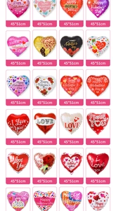 Detailed catalog of 18 inch heart-shaped foil balloons with diverse Valentine themes
