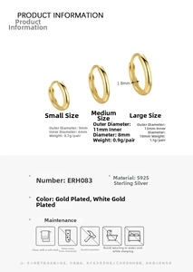 Detail view of S925 sterling silver hoop earrings in 9mm, 11mm, and 13mm sizes