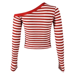 Close-up of the red and white striped knit fabric and asymmetric off-shoulder neckline
