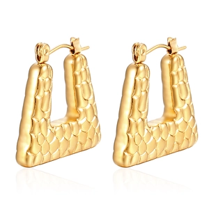 French vintage triangle stainless steel earrings with gold 18K plated crocodile texture