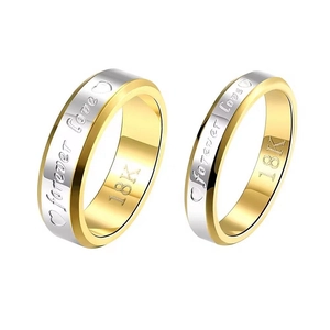 Forever Love titanium steel couple rings with 18K gold two-tone finish and heart engraving