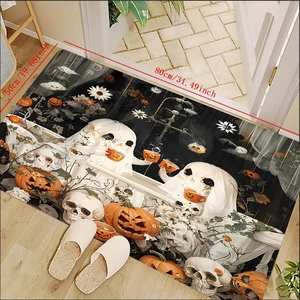 Detail showing an 80x50cm Halloween bath mat with pumpkins and ghosts in an entryway