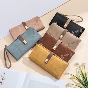 Retro frosted long wallets for women with leaf charm buckle and wristlet in six colors