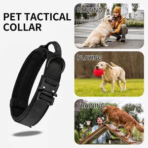 Tactical nylon dog collar with metal buckle and control handle for large medium dogs