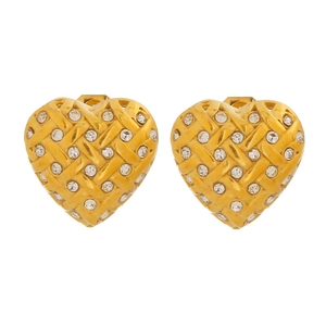 Golden heart earrings with woven texture and sparkling white rhinestones on white background