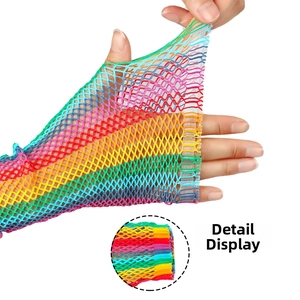 Detail shot of stretchy rainbow fishnet long gloves showing vibrant mesh texture