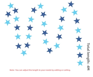 Close-up of 4m blue and light blue paper star garlands for party decoration