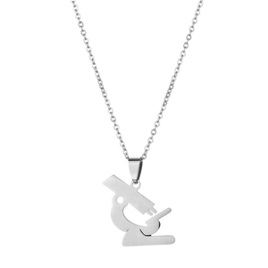 Polished stainless steel microscope pendant necklace with silver O-chain on white background