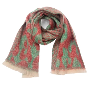 Close-up of soft red and green camouflage pattern jacquard scarf with short fringe edge