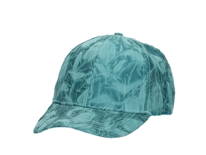 Detail of turquoise baseball cap showing silk texture fabric and reinforced stitching