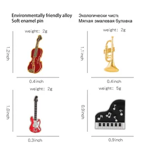 Detailed size chart showing dimensions and weight for enamel piano and guitar music pins