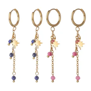 14K Gold Plated Stainless Steel Hoop Earrings Eight Pointed Star Long Chain Tassel Colored Beads Fashion Jewelry For Women