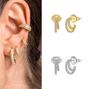 S925 sterling silver C-shaped double row zircon hoop earrings in gold and silver