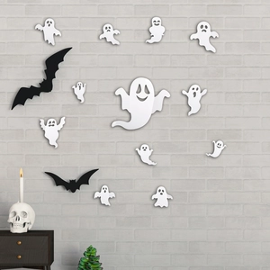 3D Halloween PET wall stickers featuring white ghosts and black bats on a brick wall