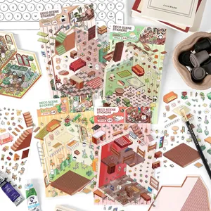2.5D isometric house scene stickers for DIY scrapbooking with furniture and room motifs