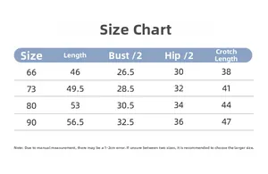 Size chart for baby gauze bodysuit showing length chest and hip measurements in cm