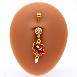 Piercing per ombelico dorato con fiore in smalto rosso e pietra di zircone bianco lucido