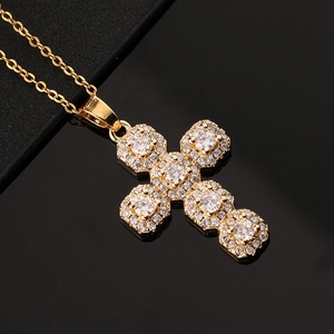 Classic gold cross pendant necklace with micro-pave zircon crystals for women