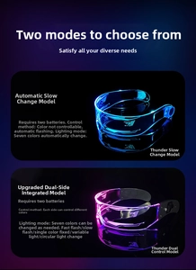 Dual control LED cyber glasses detail showing 7-color modes and transparent acrylic frame