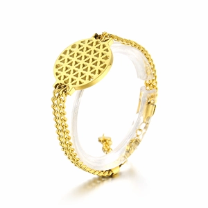 Gold plated stainless steel bracelet with geometric flower of life circular pendant charm