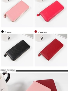 Classic lychee pattern long zip wallets for women in pink, black, and wine red colors