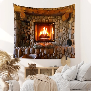 Bohemian rustic stone fireplace tapestry wall hanging for modern bedroom decor