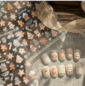 3D-geprägte Weihnachts-Nagelaufkleber mit Lebkuchenmann, Schneeflocken und Bären