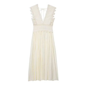 Vestito Maxi In Pizzo Avorio Stile Francese Senza Maniche Scollo A V Profondo Elegante Pieghettato Vestito Per Donne