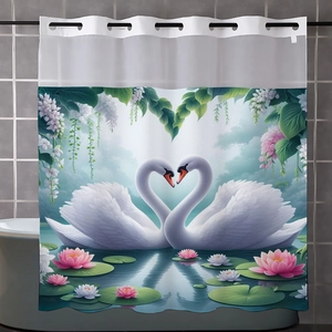 Détail d'un rideau de douche étanche avec cygnes en cœur et motifs de fleurs de lotus