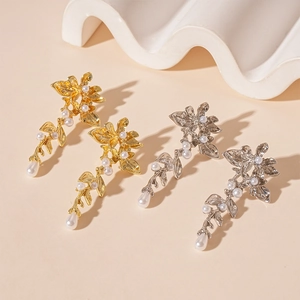 Elegant gold and silver metallic flower dangle earrings with white pearls for women