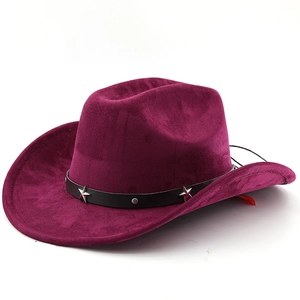 Detail of dark purple suede cowboy hat with black leather band and silver star studs