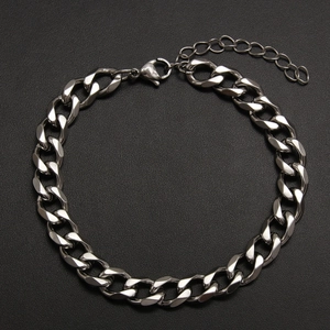 Men Stainless Steel Cuban Link Bracelet Minimalist Silver Tone Curb Chain Adjustable Lobster Clasp Trendy Jewelry Unisex