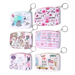 Cartoon PU leather mini coin purses with zipper closure and keychain rings in six styles