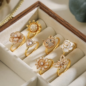Adjustable Open Ring Copper Plated 18K Gold Micro Pave Zircon Flower Butterfly Heart Animal Shapes Rotating Fashion Jewelry