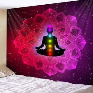 Meditation tapestry with chakra silhouette and pink mandala on starry galaxy background