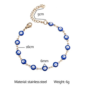 Detail of 18K gold-plated stainless steel evil eye bracelet with 16+5cm size specs