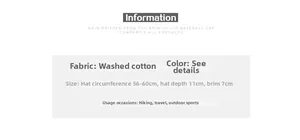 Guide des tailles pour casquette en coton avec tour de tête 56-60cm et détails sport