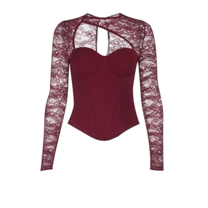 Detailed view of burgundy lace corset top with cutout design and intricate mesh textures
