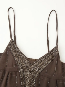 Brown beaded sequin summer mini dress with delicate embroidery and slim straps