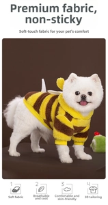 Detail view of plush bee-themed pet sweater with yellow stripes and 3D wings on dog
