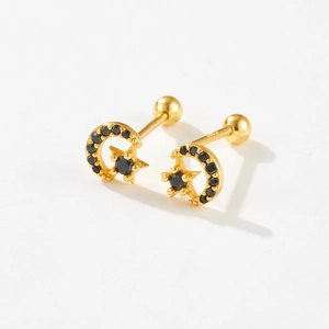 Elegant S925 sterling silver moon and star stud earrings with black crystals in gold finish