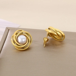 French style gold spiral stainless steel stud earrings with elegant white pearl center