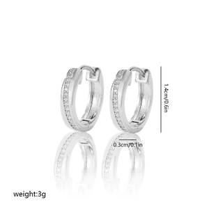 Detailed view of silver hoop earrings with dimensions 1.4cm height and zircon inlay