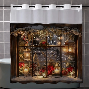 Detailed Christmas shower curtain with 3D window view featuring festive lantern and candles