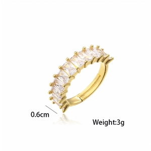 Detail view of gold-plated open ring with rectangular zircon stones, width 0.6cm, weight 3g